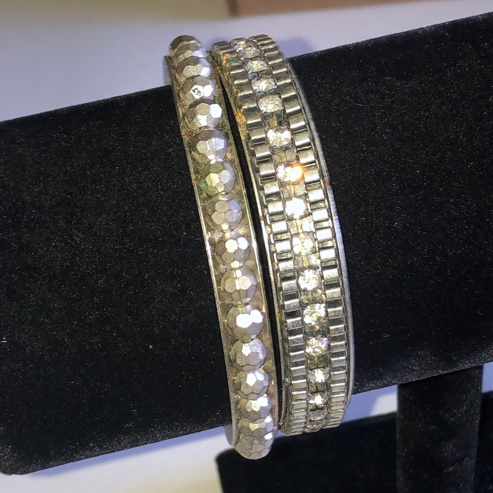 Silver Tone Rhinestone Stackable Bangle Bracelet Bundle - Picture 2 of 8